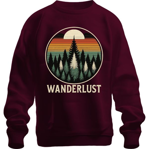 Wanderlust Retro Sunset Forest Firs Camping Hiking Unisex Felpa Pullover, Borgogna, S-image