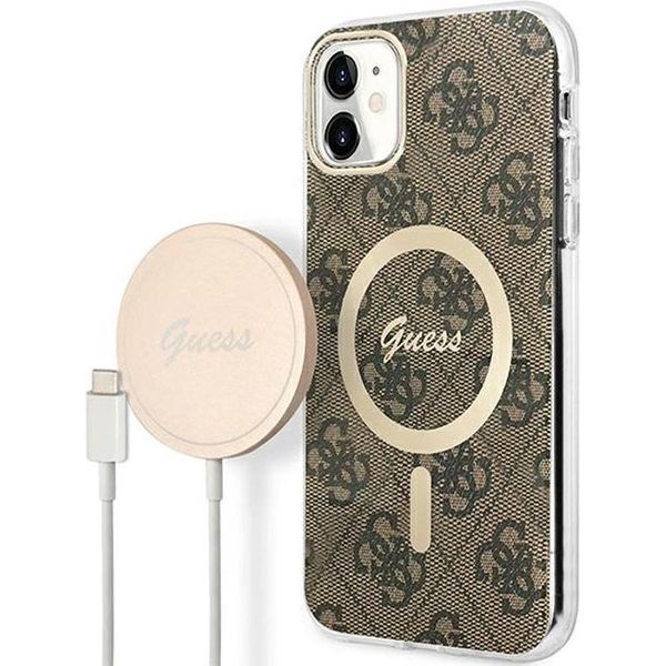 Zestaw Guess Gubpn61H4Eacsw Custodia+Caricatore Iphone 11 6,1 BrąZowy/Brown Custodia Rigida 4G Stampa Magsafe-image