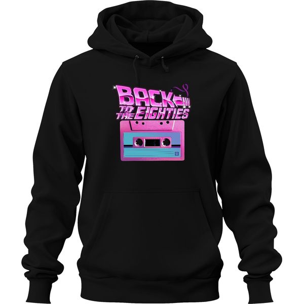 Back To The Eighties 80S Retro Cassette Neon Vintage Synthwave Unisex Felpa Con Cappuccio, Nero, S-image