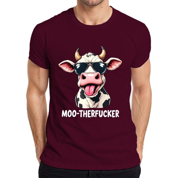MOO-THERFUCKER Divertente Mucca Occhiali Da Sole Cartone Animato Agricoltore Regalo Uomo T-Shirt, Borgogna, 3XL-image