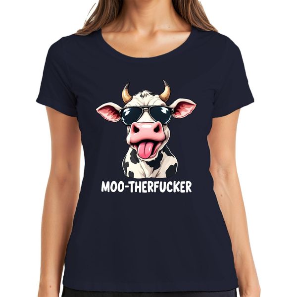 MOO-THERFUCKER Divertente Mucca Occhiali Da Sole Cartone Animato Agricoltore Regalo Signore T-Shirt, Navy, 3XL-image