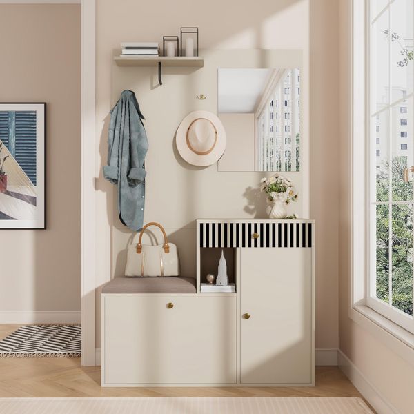 Set Di Armadi Merax 110X185,5X37 Cm, Armadio Da Corridoio Con Specchio, Panca E Ante A Chiusura Ammortizzata, Scarpiera Con Cassetti E Ganci, Mdf Beige-image