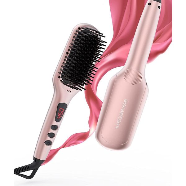2025 Aggiornato Megawise Piastra Per Capelli Spazzola In Ceramica; Protezione Contro Le Scottature, Doppio Voltaggio Ferro Da Stiro Spazzola Calda | Cavo Rotante | Automatico-image