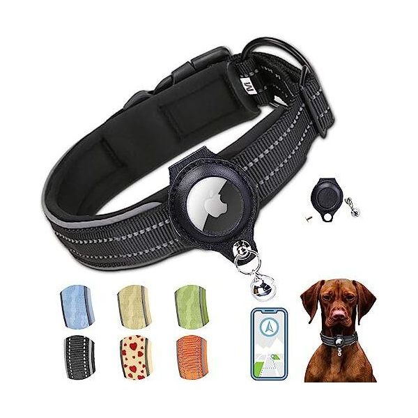 Collare Per Cani Integrato Apple Air Tag Air Tag Gps Regolabile Neoprene Nylon Riflettente Cani Di Piccola Media Grande Taglia, Nero, M.-image