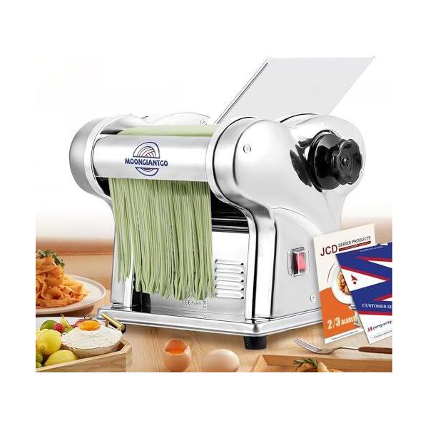 Moongiantgo Macchina Per La Pasta Elettrica In Acciaio Inox, Crea 2 Fogli Da 1,5 Mm 4 Mm, Impostazione Dello Spessore A 9 Livelli 0,3-3 Pasta, Fettuccine, Tagliolini,-image