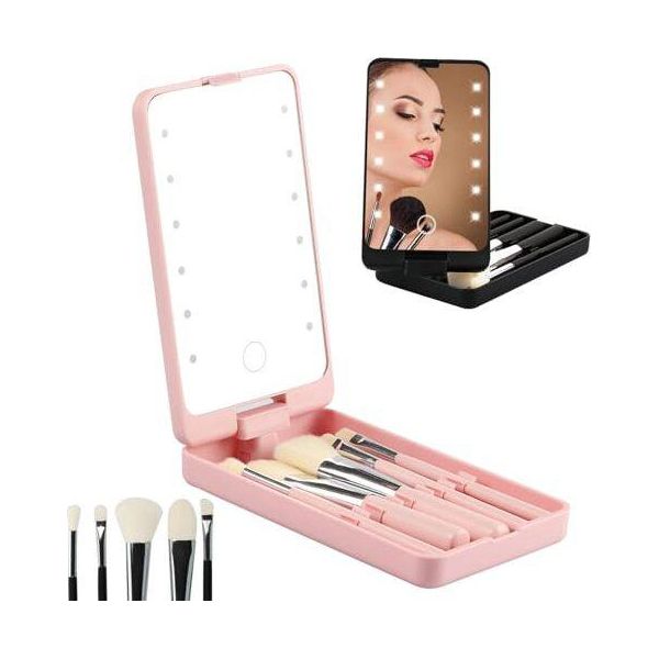 Specchio Pieghevole Rotante Led Make-Up Box, Luce Specchio Cosmetico Da Viaggio Rotante A 360° Ricaricabile, 5 Pennelli, Tavolo Da Viaggio, Casa (Rosa)-image