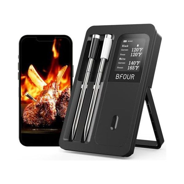Bfour Termometro Per Carne Senza Fili Con 2 Sonde, Termometro Per Barbecue Bluetooth Smart Base, Display Lcd, Controllo App, Termometro Digitale Per Arrosti-image