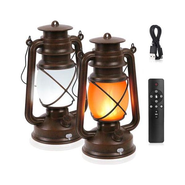 Lanterne Da Esterno 2 Pezzi Lampade Da Giardino Retrò Effetto Fiamma Vintage Appese Usb Led Lanterna Da Esterno Resistente Alle Intemperie Con Telecomando-image