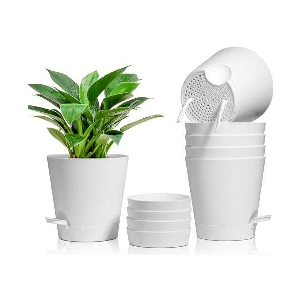 T4U 16,5 Cm In Plastica Vaso Di Fiori Sistema Di Alimentazione Dell'acqua, Set Di 6 Piani Di Auto-Irrigazione Saucer, Pianta Rotonda Indoor Balcone Giardino Piante Grasse Cactus-image