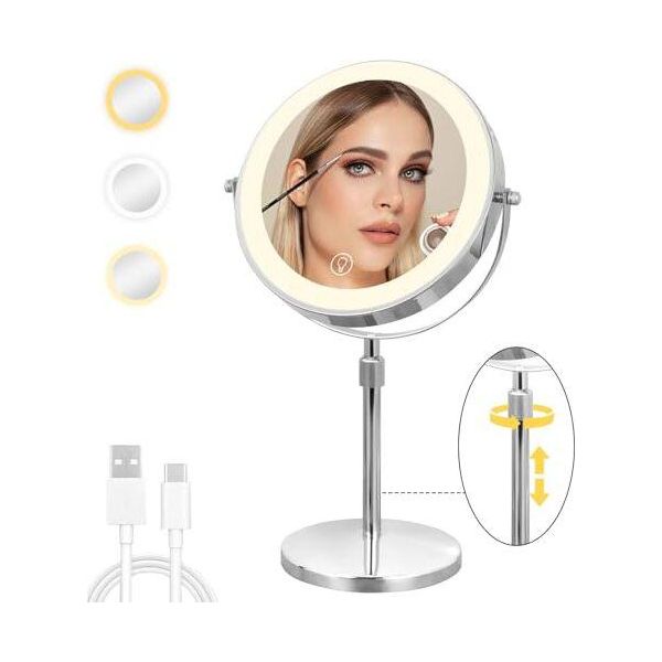 Specchio Cosmetico Luminoso Da 8 Pollici Cuteefun, Ingrandimento 1X/10X Sul Supporto, Altezza E Luminosità Regolabili, Rotazione A 360°, Ricaricabile A Doppia Faccia-image