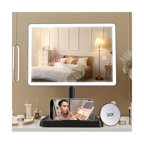 Specchio Cosmetico Di Grandi Dimensioni, 96 Luci A Led, Alimentato Da Usb, Ingrandimento 10X, Ruotabile A 360° Illuminazione (Nero)-image