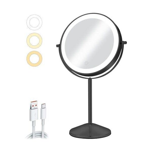8 Pollici Specchio Cosmetico Illuminazione Ricaricabile 1X/10X Luce Di Ingrandimento 54 Luci Led 3 Colori Luminosità 360° Girevole Camera Da Letto S-image