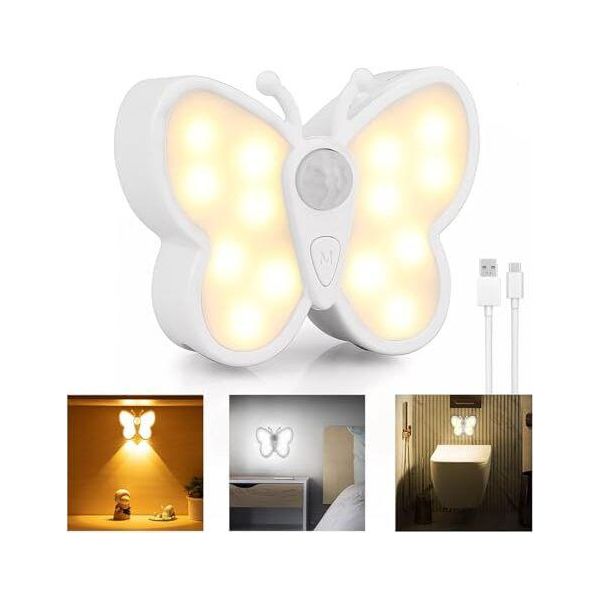 Luce Notturna Sensore Di Movimento Led Batteria Parete Interna Ricaricabile Lampada Usb Dimmerabile Corridoio Farfalla 3 Modalità Scale Wc Camera Dei Bambini Camera Da Letto-image