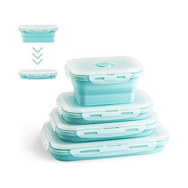 Virklyee Scatole Pieghevoli Per La Conservazione Degli Alimenti, 4 Pezzi, Contenitori, Scatole Per Il Pranzo In Silicone, Scatola In Silicone, Pieghevole, Facile Da Pulire, Trasporto (Blu O2)-image