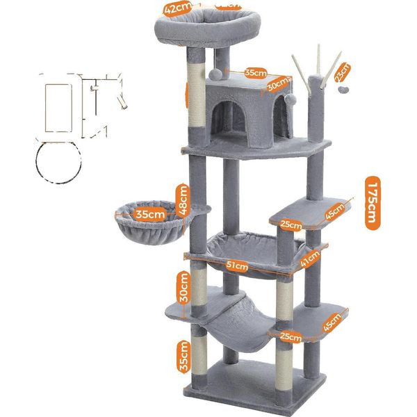 Torre Per Gatti, Design A Più Piani, Amaca Accogliente, AMT0240GY, Xl-image