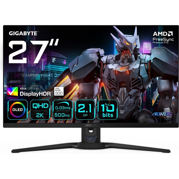 Gigabyte Aorus FO27Q5P Oled Qhd Gaming Monitor - 2560 X 1440, 500Hz, 0.03Ms, Kvm, 300 Cd/M², Freesync Premium Pro, Displayhdr True Black 500, Displayport 2.1-image