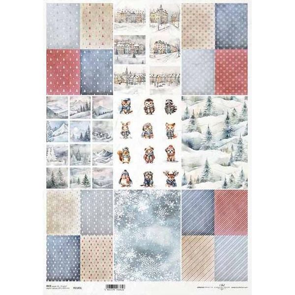 Carta Di Riso Per Decoupage A3 ITD-1145L Diamanti, Strisce, Fiocchi Di Neve, Animali Invernali-image