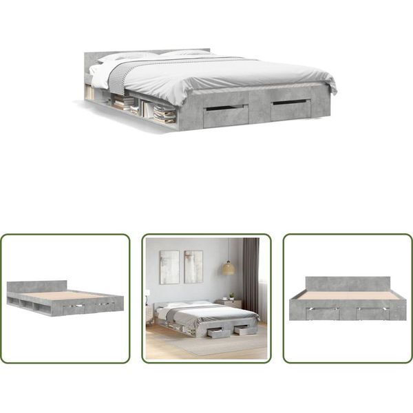 The Living Store Struttura Letto Con Cassetti In Cemento Grigio 140X190 Cm Materiale Legno-image