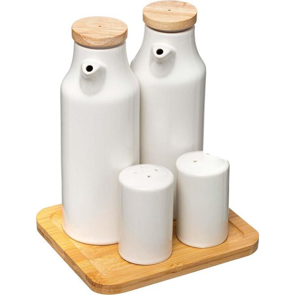 5Five Simply Smart ÖL- Und Essig-Set 5-Tlg., ÖLkaraffen Mit GewüRzstreuern Und Unterlage, Porzellan, Bambus, 179613-image