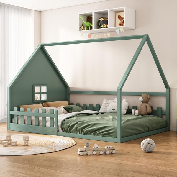 Letto Per Bambini Merax 140X200Cm, Letto Da Terra A Forma Di Casa, Letto Singolo Divertente Con Recinti E Finestra, Rete A Doghe, Legno Di Pino, Letto Per Ragazzi, Letto In Legno Massiccio, Verde-image