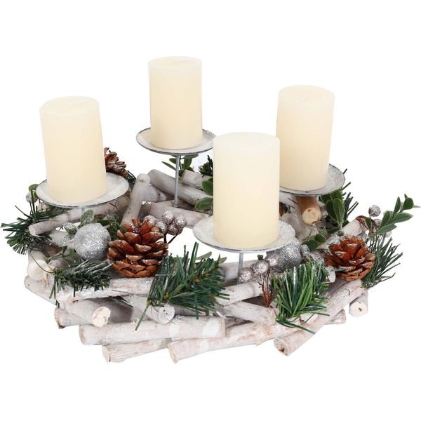 Corona D'avvento HWC-M12, Corona D'avvento Da Tavolo Decorazione Natalizia Decorazione Da Tavolo Legno Bianco Argento Ø 30Cm ~ Con Candele-image