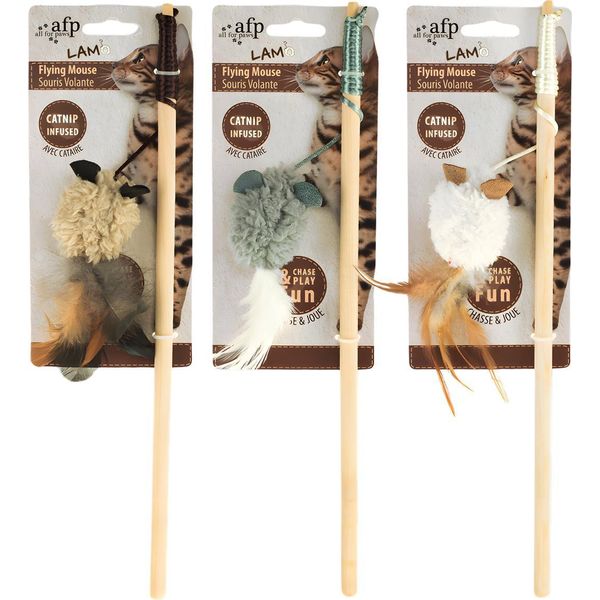 Canna Da Pesca Per Gatti All For Paws Con Topo E Piume In Pelle D'agnello-image