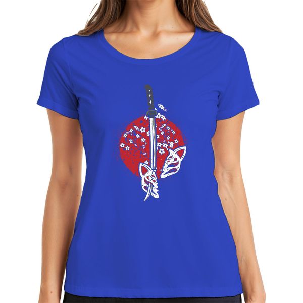 Katana Samurai Kitsune Mask Sakura Cherry Blossom Japan Sun Maglietta Da Donna, Blu, L-image