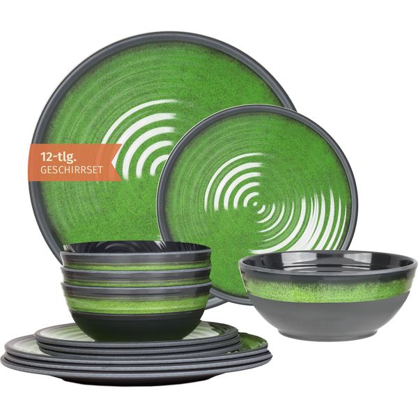 Moritz Stoviglie Da Campeggio In Melamina Per 4 Persone 12 Pezzi | Lavabili In Lavastoviglie | Set Di Stoviglie Da Picnic | Stoviglie Da Campeggio I Stone Green Design-image