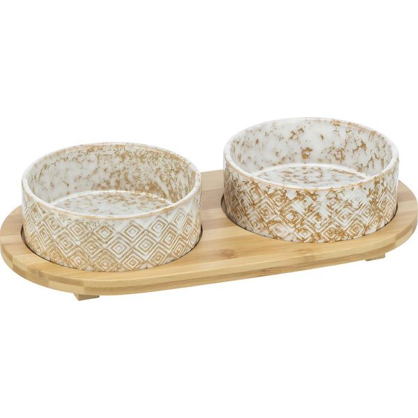 Napf-Set, Keramik/Bambus 2 × 0,3 L/ø 12 Cm/30 × 6 × 15 Cm Weiß/Hellbraun-image