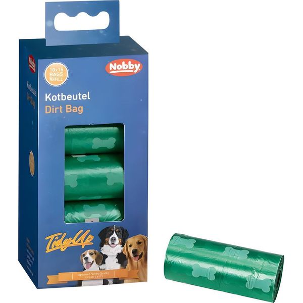 Nobby Tidyup Sacchetti Per La Cacca Con Stampa Ossea Confezione Verde 10 Rotoli Da 15 Sacchetti Ciascuno-image