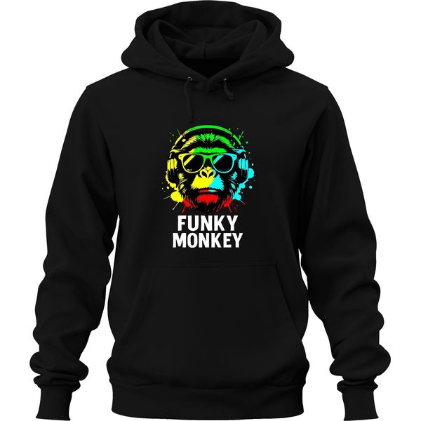 Funky Monkey Headphones Sunglasses Music Dj Retro Colourful Streetwear Unisex Felpa Con Cappuccio, Nero, Xl-image