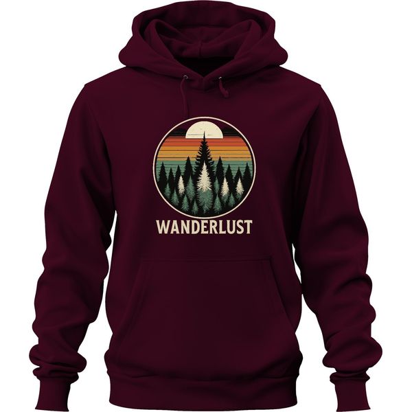Wanderlust Retro Sunset Forest Firs Camping Hiking Unisex Felpa Con Cappuccio, Borgogna, M-image