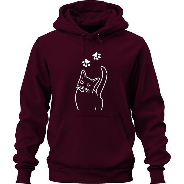 Felpa Con Cappuccio Unisex Minimalista Con Stampa Di Zampe Di Gatto, Borgogna, Xxl-image