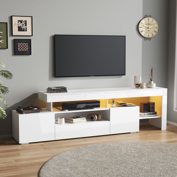 Mobiletto Tv Merax Con Led, Lavagna Bassa Lucida Con 3 Armadi E Ripiani Aperti, Lavagna Bassa Per Tv Fino A 85 Pollici, Bianco-image