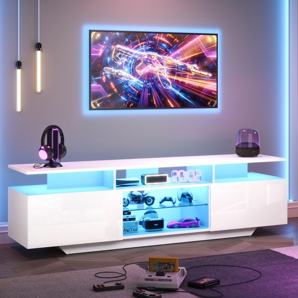 Mobile Tv Merax Da 160 Cm Con Luce Led Tramite App, Mobile Tv Basso Con 2 Armadi E 8 Ripiani, Mdf Con Ripiani In Vetro, Per Tv Fino A 70 Pollici, Bianco Lucido-image