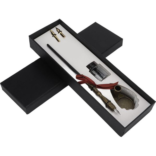 Set Di Penne Stilografiche, Antiche Con Incisioni, Set Calligrafico Nero Per Studenti E Adulti, Confezione Regalo-image
