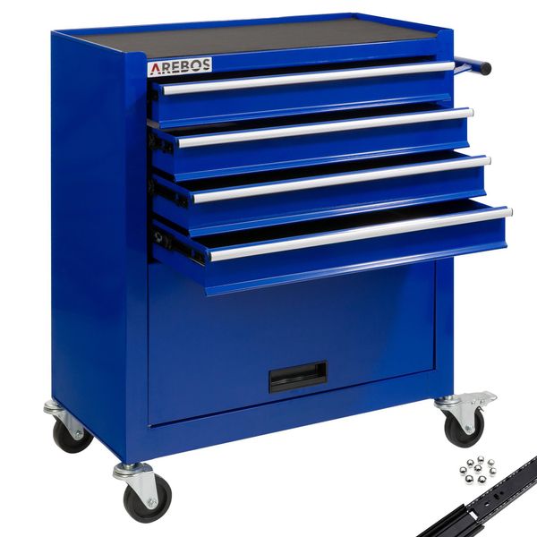 Carrello Da Officina Arebos Blu, 4 Scomparti + Scomparto Grande, Superficie Antigraffio, Tappetini Antiscivolo, 2 Rotelle-image