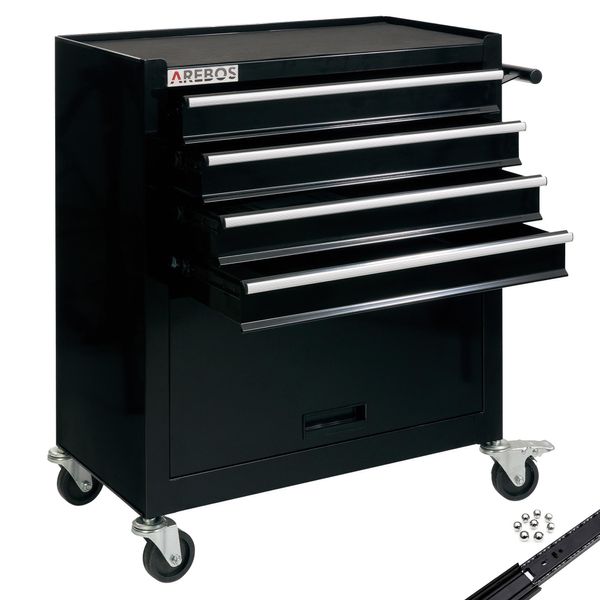 Carrello Da Officina Arebos 4 Scomparti + Scomparto Grande Nero | Tappetini Antiscivolo E Ruote-image