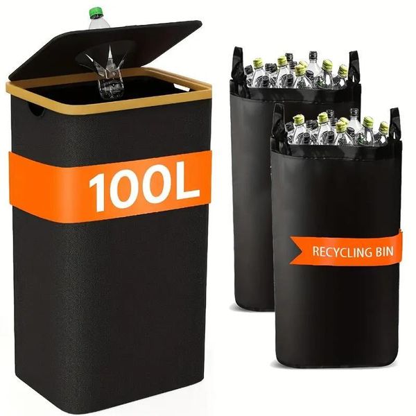 100L Deposito Per Bottiglie Con Coperchio, Include 2 Tasche Interne Riutilizzabili, Per Cucina/Ufficio/Esterno, Grande Contenitore Raccoglitore Di Bottiglie Vuote-image