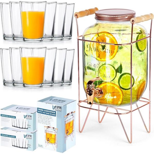 Distributore Di Bevande Vilde Con Rubinetto Distributore Di Vetro Con Rubinetto E Supporto 4,2 L + Bicchieri 12 Pz. 200 Ml-image