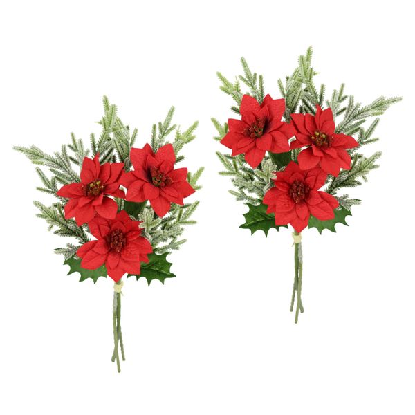 Kunstblumenstrauß I.Ge.A. "Strauß Poinsettia/Tannenzweige", Rot, B:17Cm H:37Cm L:12Cm, Polyester, Kunstpflanzen, 2Er Set Weihnachtsdeko Weihnachtsblume SträUßE Dekoblumen Christstern-image