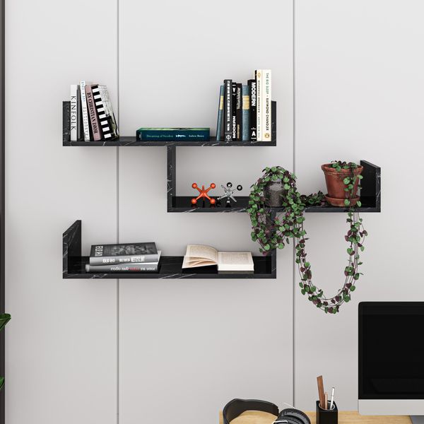 Decortie Tibet Scaffale Da Parete Libreria Moderna Effetto Marmo Nero 120 X 23 X 66 Cm-image