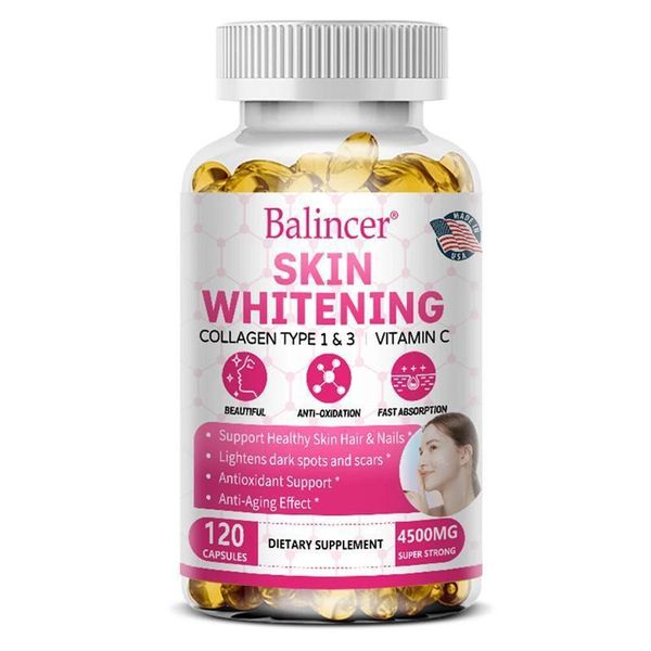 Glutatione Sbiancante Per La Pelle + Collagene 4500 Mg (120 Capsule) Integratore Alimentare, Anti-Invecchiamento, Pelle, Capelli, Unghie, Imperfezioni-image