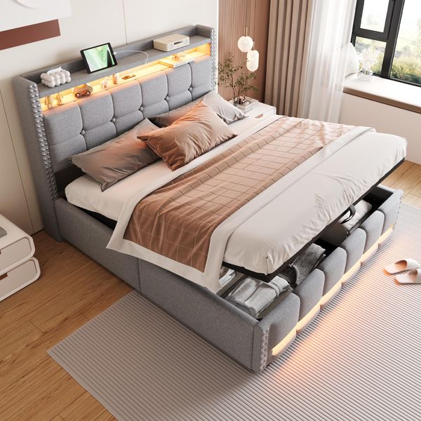 Letto Imbottito Abrihome 160X200Cm Matrimoniale Con Led E Presa Usb, Letto A Molle Idrauliche Con Rete A Doghe E Contenitore, Grigio-image