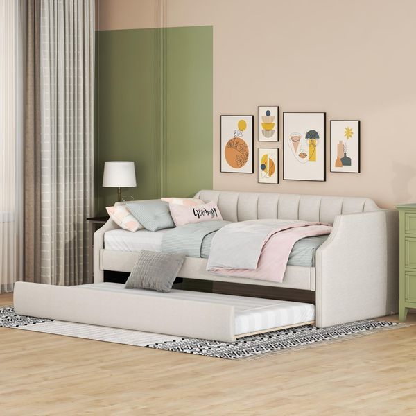 Flieks Daybed Daybed 90X200Cm/90X190Cm, Divano Letto Con Sottopiano Estensibile, Letto Per Bambini E Ragazzi Con Latternost, Letto Per Ospiti In Legno Massiccio, Beige-image