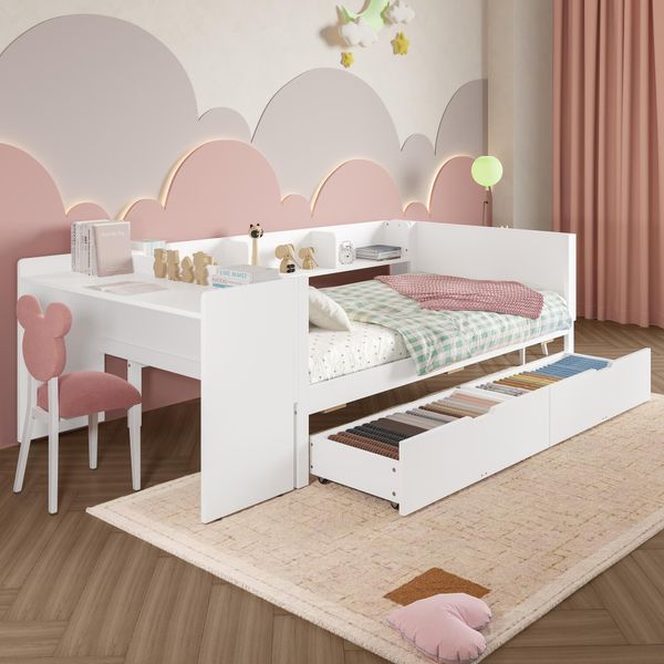 Letto Per Bambini Flieks 90X200Cm Con 2 Cassetti, Letto Per Bambini Singolo Con Scrivania E Mensole, Letto In Legno Letto Piatto Camera Dei Bambini, Bianco-image