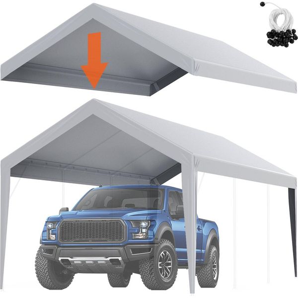 Tenda Da Garage Carport, 3 X 6 M, Tenda Da Tetto Per Garage, Impermeabile E Protetta Dai Raggi Uv, Facile Installazione Con Cinghie Di Tensione, Grigio (Solo Copertura Del Tetto, Telaio Non Incluso)-image