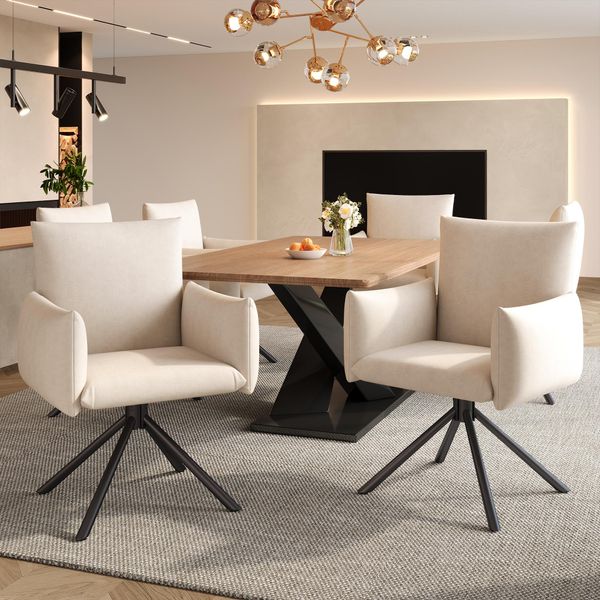 Sedie Da Pranzo Flieks (6 Pezzi), Poltrona Girevole A 360°, Sedia Imbottita In Velluto, Sedia Da Pranzo Con 4 Gambe In Metallo, Materiale Traspirante, Beige-image