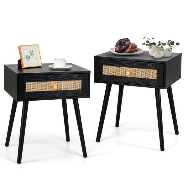 Costway 2Er Comodino In Polyrattan, Comodino Con Cassetto E Gambe In Legno Massiccio, Tavolino, Tavolino Da Divano, Console Da Letto In Stile Boho 48X40X58Cm Nero-image
