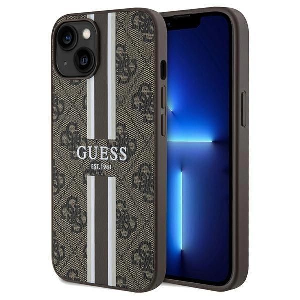 Guess Guhmp15Sp4Rpsw Custodia Rigida Per Iphone 15 / 14 / 13 6.1 BrąZowy/Marrone 4G Stampata A Strisce Magsafe-image